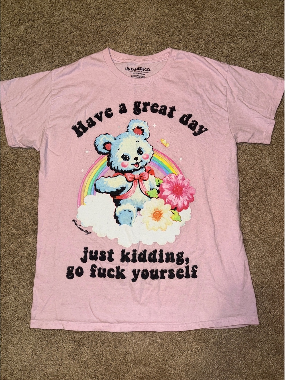 Untamed Ego Pink Graphic T-Shirt with Bear and Rainbow Design, Size M
